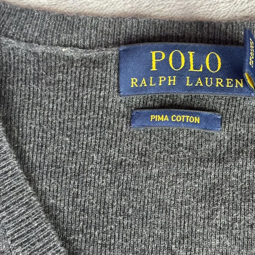 Polo Ralph Lauren Sweater Mens 2XL Gray‎ V Neck Pima Cotton Pullover Pony